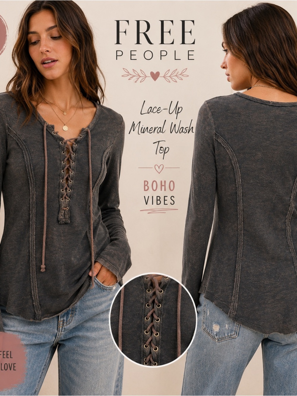 Free People Charcoal Lace-Up Mineral Wash Long Sleeve Top